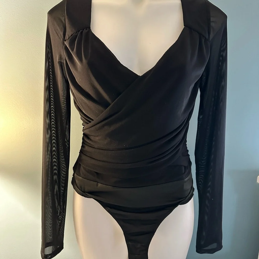 Lulu's Black Wrap Ruched Long Sleeve Bodysuit Large - Picture 1 of 7